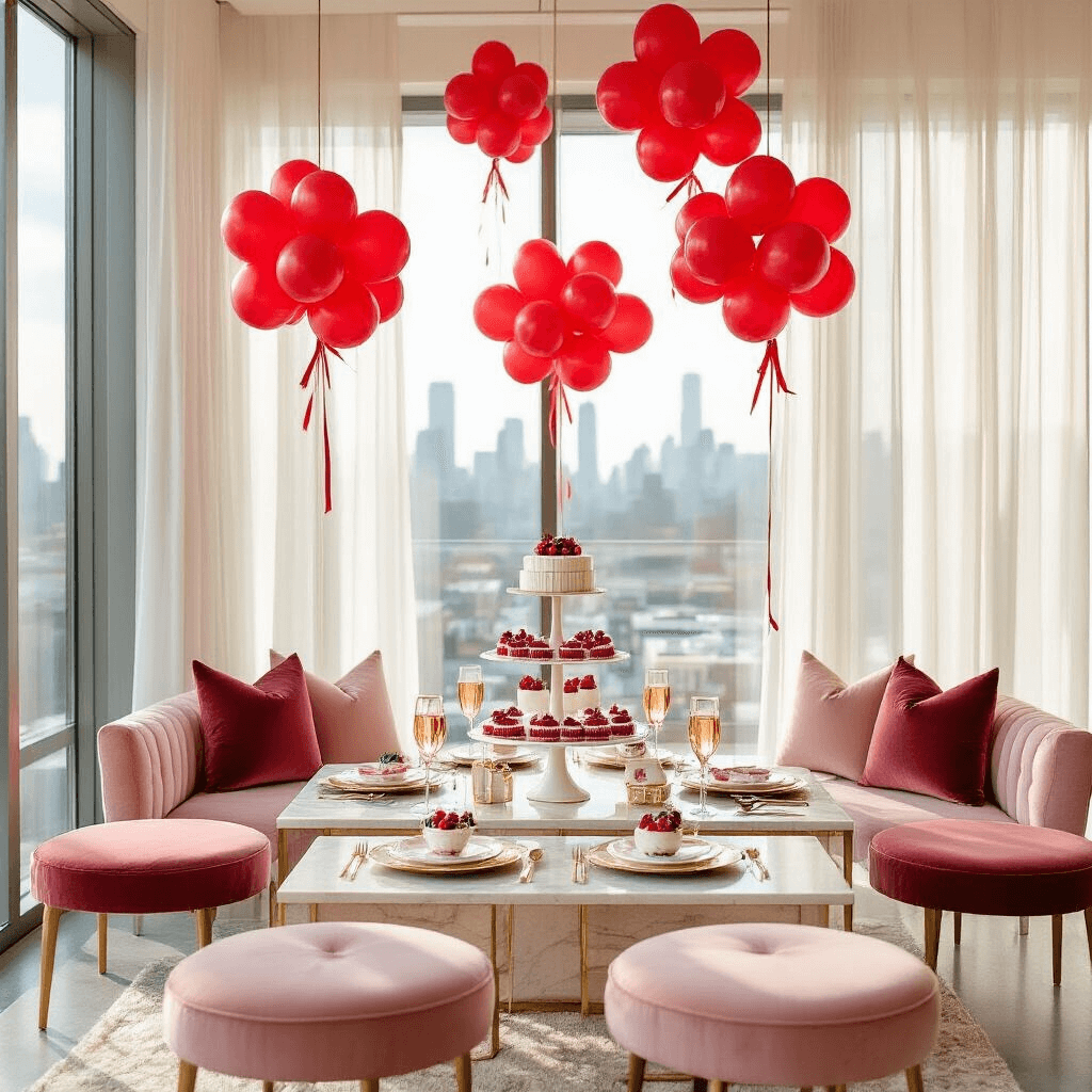 Cherry Balloons: Everything You Need to Know About This Sweet Party Decoration Overhead flat lay of an elegant bridal shower setup featuring cherry balloon clusters, blush pink velvet cushions, marble coffee tables, and a three-tiered cake stand with cherry tarts, all bathed in soft morning light from floor-to-ceiling windows.