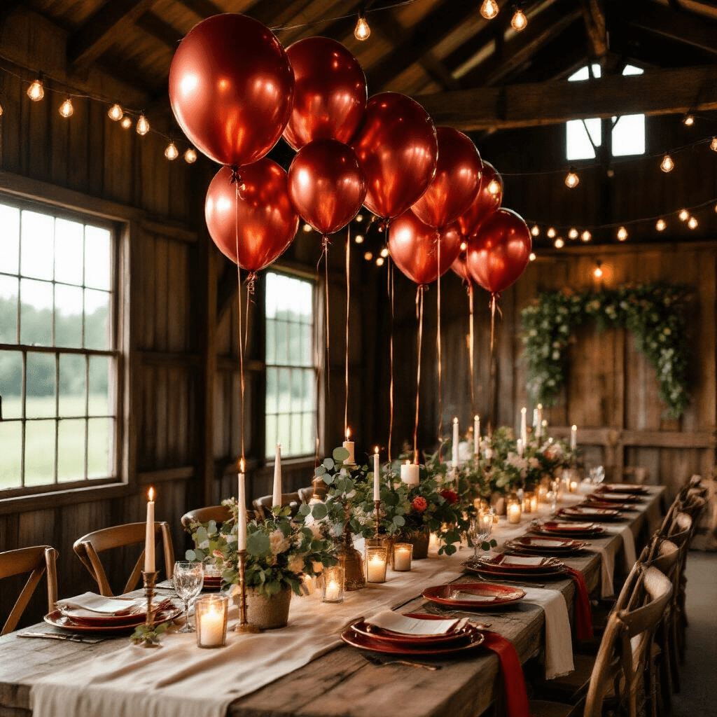 Cherry Balloons: Everything You Need to Know About This Sweet Party Decoration Moody candlelit scene of a rustic barn transformed for a summer birthday party, featuring large red cherry balloons above elegantly set farmhouse tables with cream linen runners, glass lanterns with candles, and terracotta and sage green accents, all under warm amber lighting and copper string lights.
