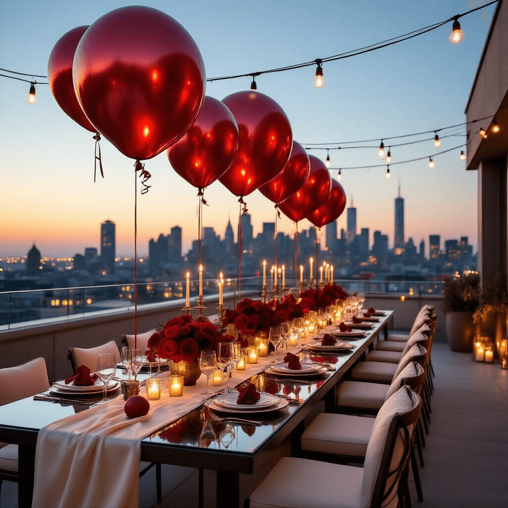 Cherry Balloons: Everything You Need to Know About This Sweet Party Decoration Luxurious rooftop terrace dinner party with cherry balloon arrangements, elegant table setting, and city skyline at night.
