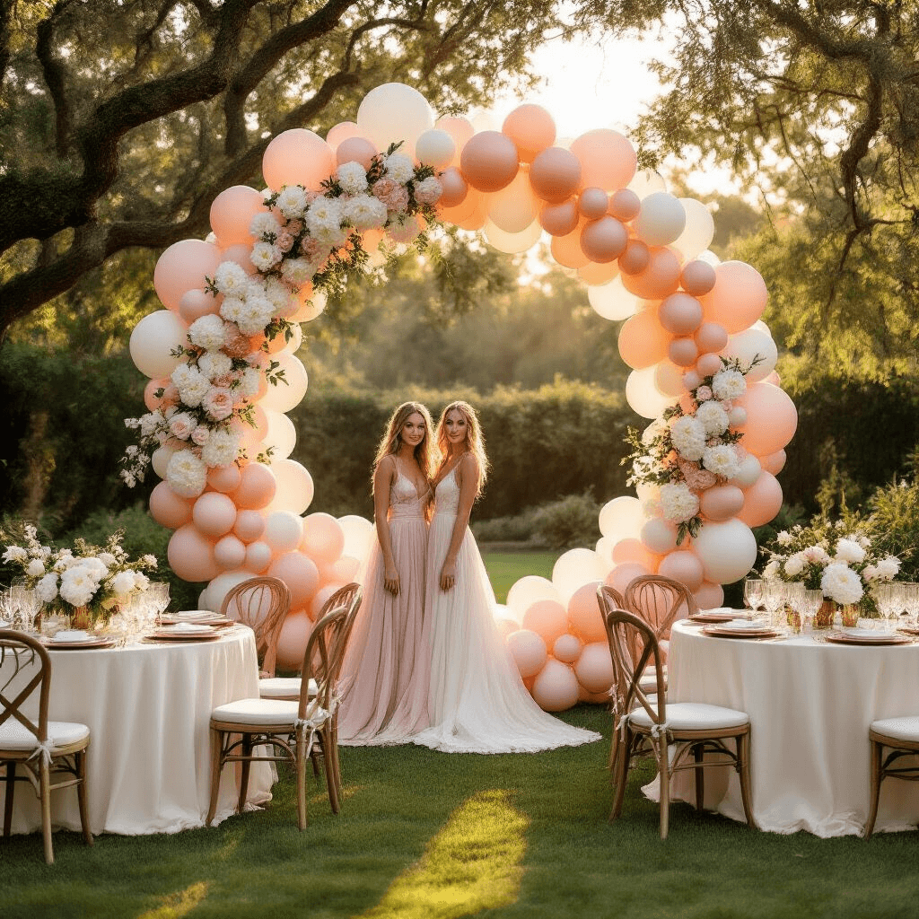 Round Balloon Backdrop: Your Guide to Creating Instagram-Worthy Party Magic An elegant outdoor birthday party scene at golden hour, featuring a blush pink, cream, and rose gold balloon backdrop in a lush garden, surrounded by tiered tables with silk ivory linens, delicate floral arrangements, guests in flowing dresses, and elegant lounge furniture.