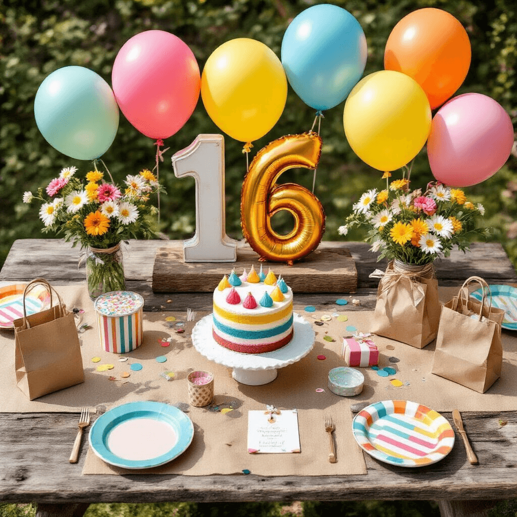 Number Balloons: Everything You Need to Know About These Party Essentials A whimsical children's birthday party setup on a rustic wooden picnic table featuring bright primary-colored number balloons, textured kraft paper runners, cheerful ceramic plates, DIY striped paper party favors, a rainbow layer cake on a ceramic stand, clusters of latex balloons with colorful ribbons, personalized reclaimed wood signage, fresh daisies in mason jar centerpieces, confetti, and small wrapped gifts, all bathed in natural morning light.