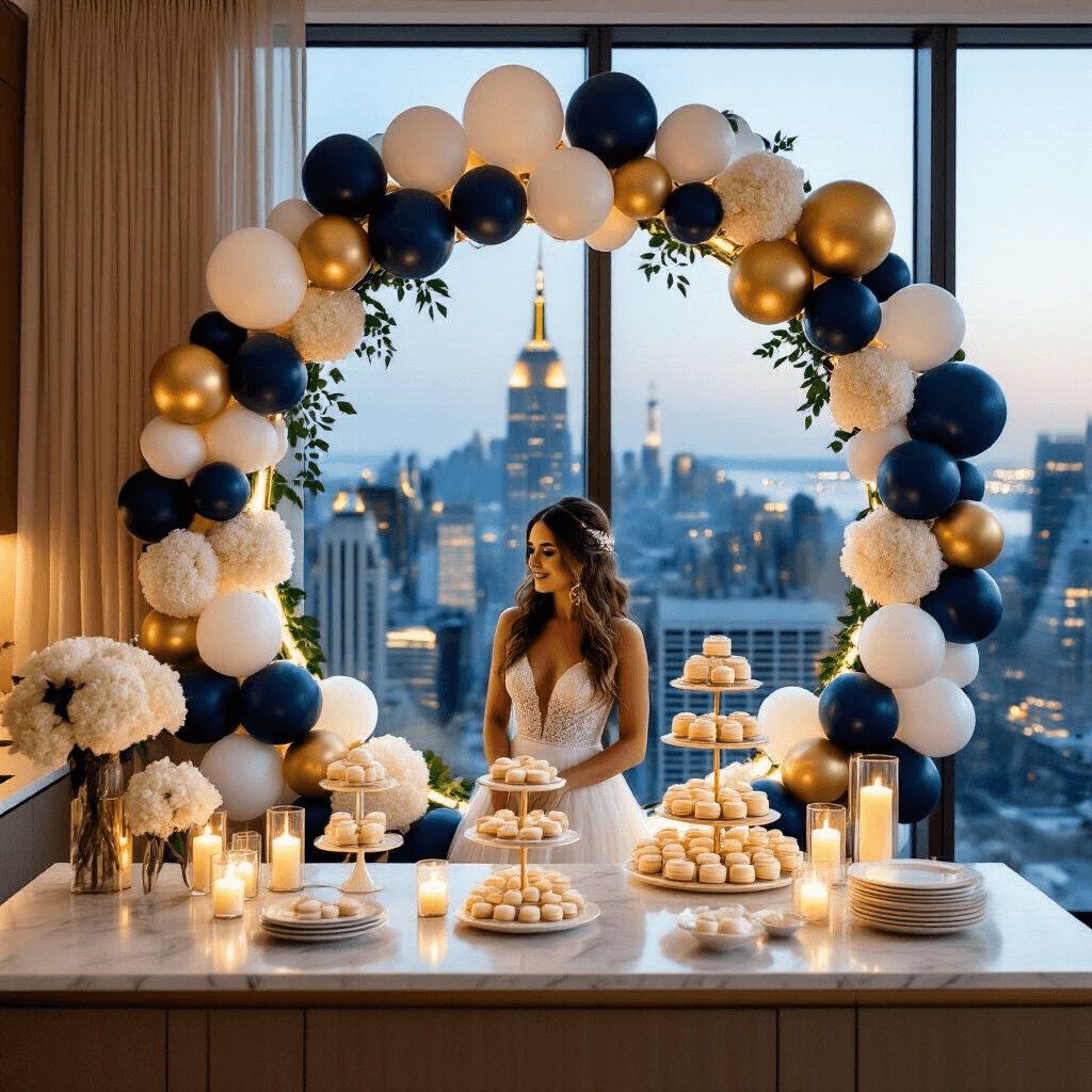Round Balloon Backdrop: Your Guide to Creating Instagram-Worthy Party Magic An elegant bridal shower in a modern apartment featuring a sophisticated navy, white, and gold balloon backdrop with artificial hydrangeas, string lights, and pillar candles. Guests gather around a marble kitchen island with desserts, while the bride-to-be poses in a midi dress against the glowing circular frame, framed by sheer champagne drapery and overlooking city lights.