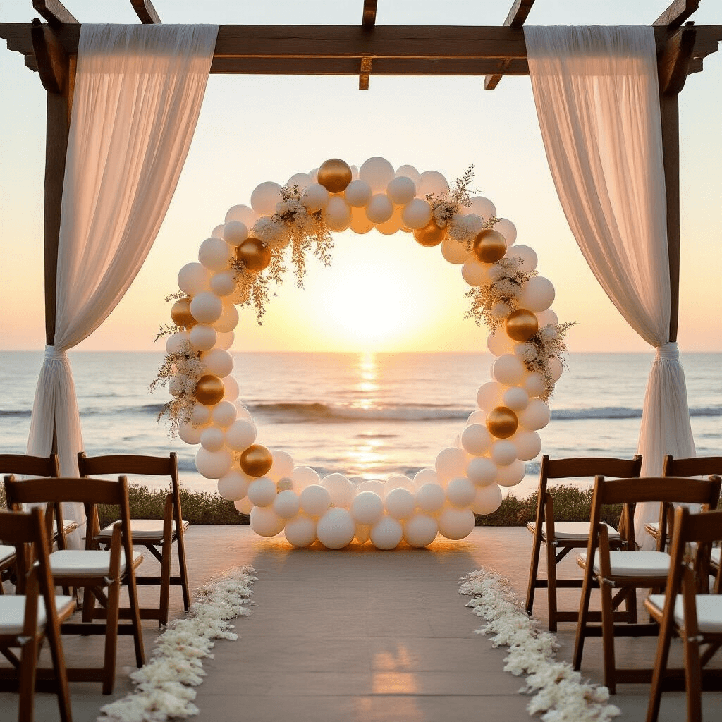 Round Balloon Backdrop: Your Guide to Creating Instagram-Worthy Party Magic Elegant wedding ceremony setup on a beachfront terrace at golden hour, featuring a round balloon backdrop in white, cream, and gold, rustic wooden chairs, billowing chiffon fabric, cascading orchids, and an ocean view, with an aisle of rose petals and lanterns ready for illumination.