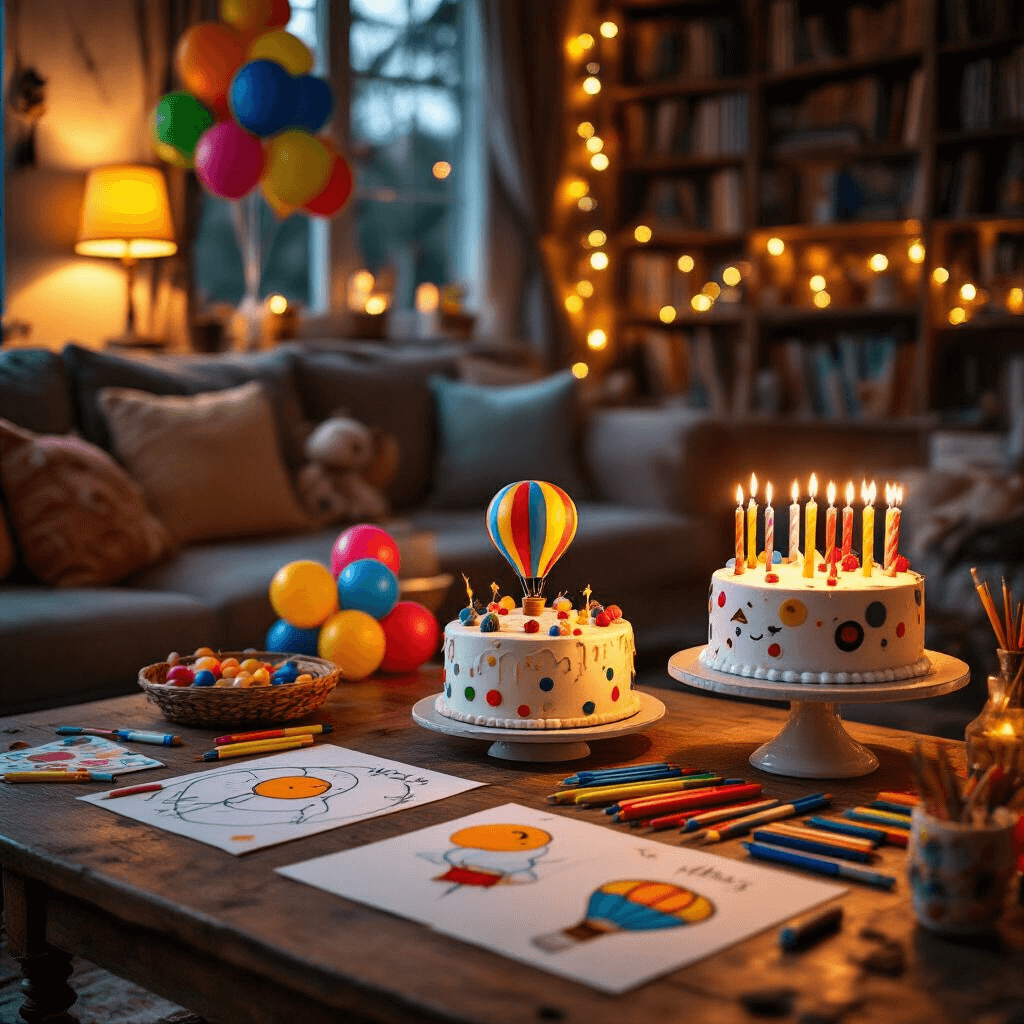 How to Draw Balloons: From Simple Sketches to Show-Stopping Designs Cinematic close-up of a whimsical children's birthday party featuring a DIY balloon art station with colorful supplies on a rustic coffee table, vibrant balloons, a custom birthday cake with balloon decorations, and cheerful decor illuminated by fairy lights in a cozy living room.