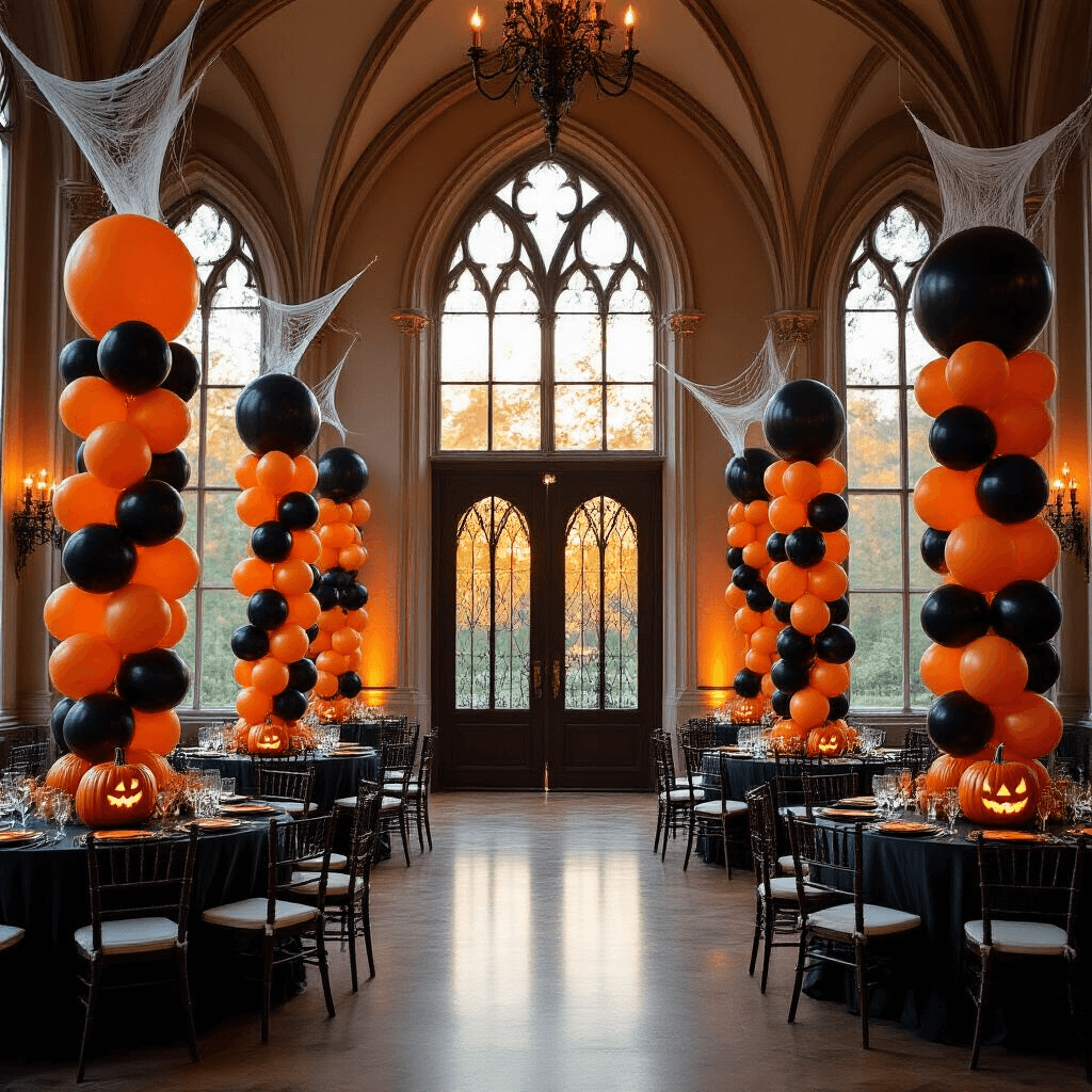 Halloween Balloons: Your Complete Guide to Spooky, Show-Stopping Party Decorations A wide-angle view of an elegant indoor ballroom transformed for Halloween, featuring gothic windows, towering black and orange balloon columns, mahogany tables with pumpkin centerpieces, and cascading balloon garlands under crystal chandeliers, all illuminated by warm golden hour light.