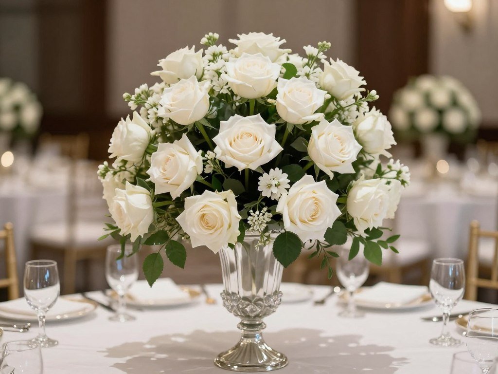 All-white rose centerpiece arrangement in crystal vase All-white rose centerpiece arrangement in crystal vase