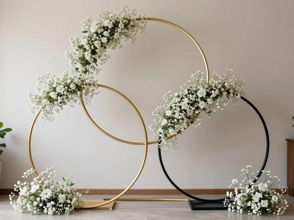 Baby's breath arranged on minimal metal hoops for modern installation Baby's breath arranged on minimal metal hoops for modern installation