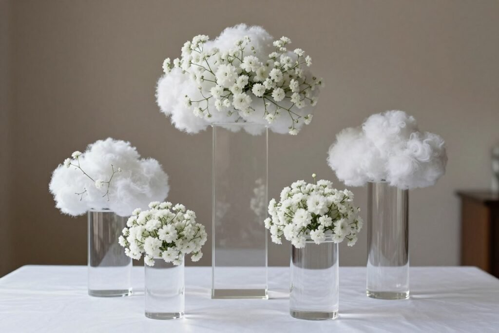 Baby's breath arrangements on clear lucite pedestals Baby's breath arrangements on clear lucite pedestals