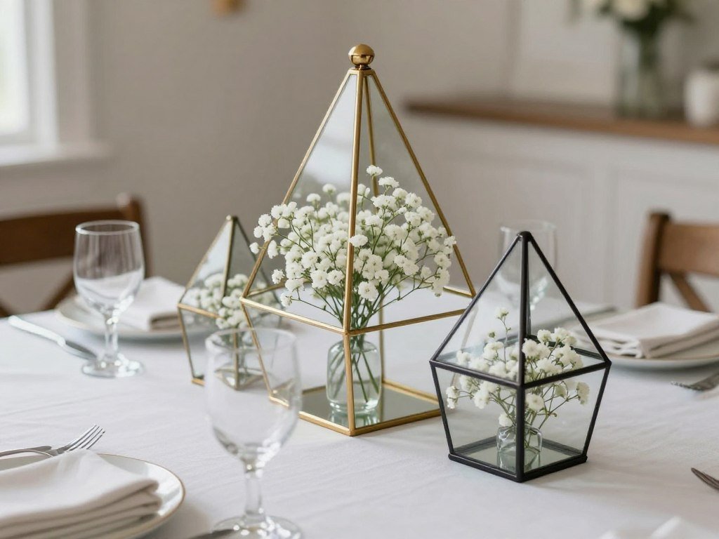 Baby's breath in geometric glass terrariums as modern centerpieces Baby's breath in geometric glass terrariums as modern centerpieces
