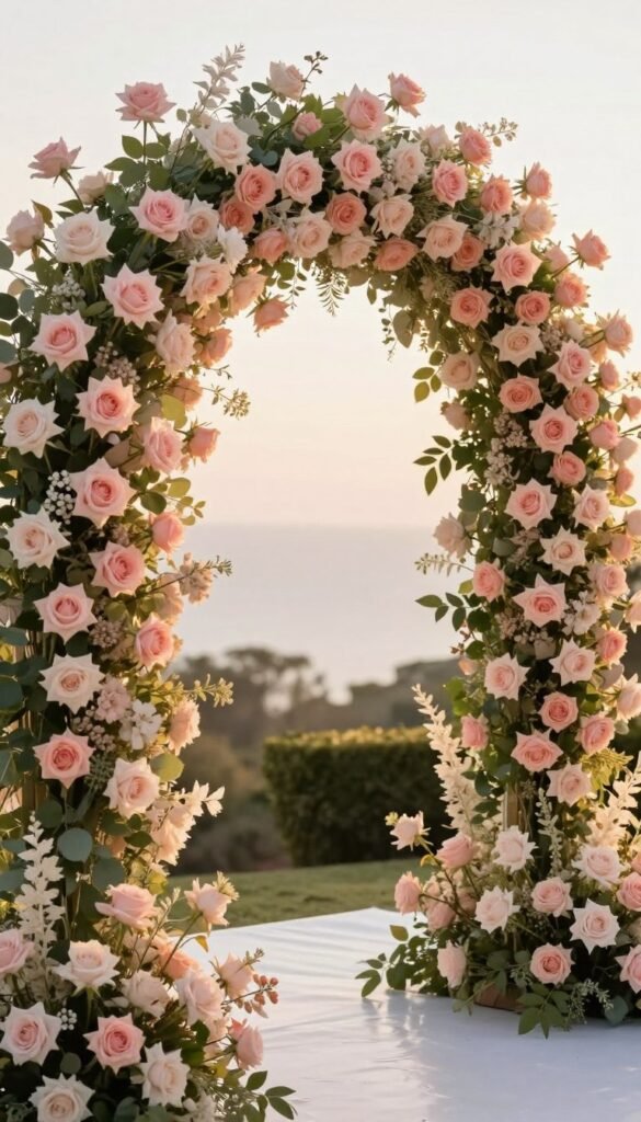Blush and champagne wedding arch with romantic rose clusters for luxury ceremonies Blush and champagne wedding arch with romantic rose clusters for luxury ceremonies