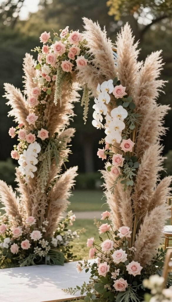 Bohemian luxury wedding arch with pampas grass and roses for romantic ceremonies Bohemian luxury wedding arch with pampas grass and roses for romantic ceremonies