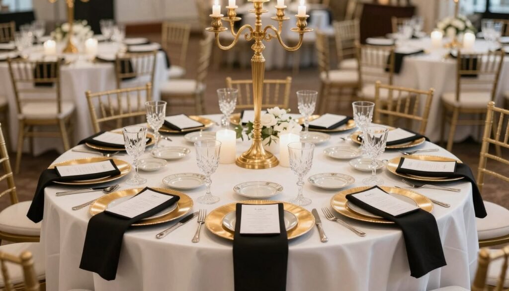 Complete black tie wedding tablescape with layered elements Complete black tie wedding tablescape with layered elements