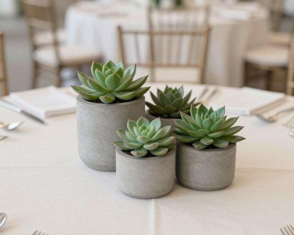 Concrete planters with succulents on wedding table Concrete planters with succulents on wedding table