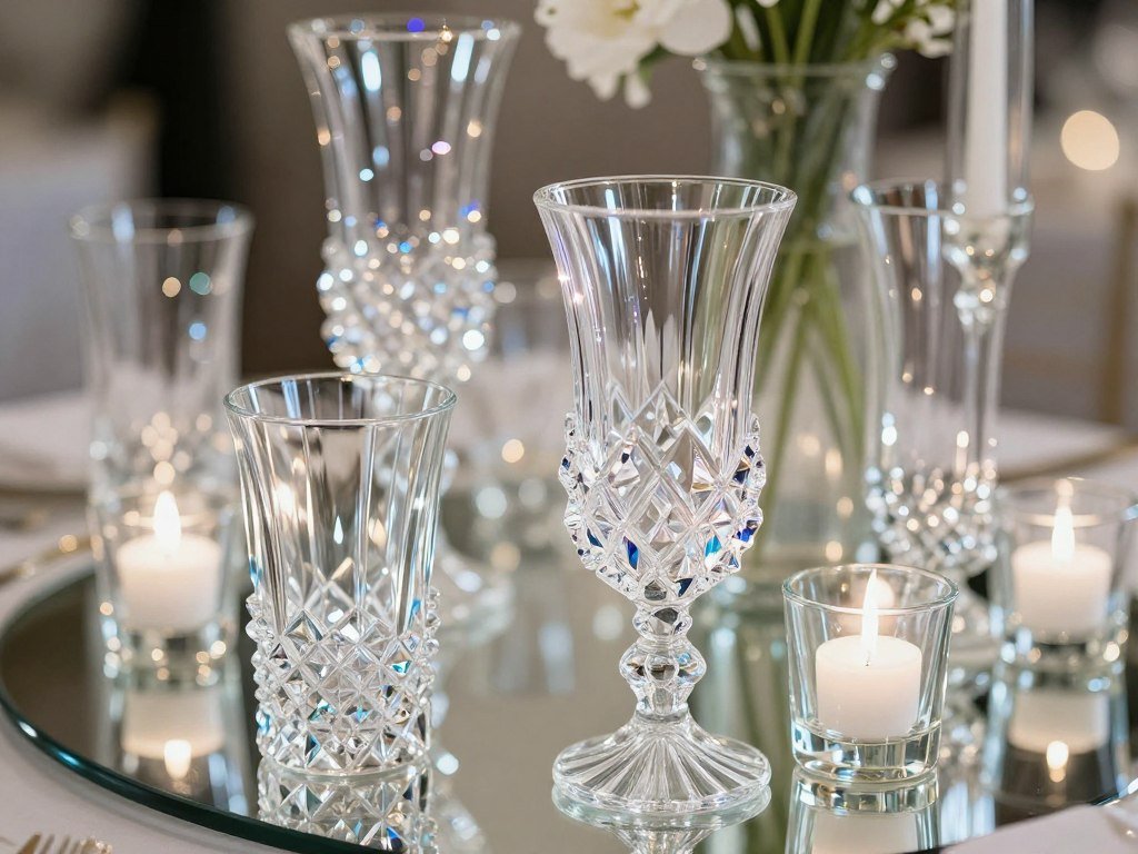 Crystal and glass wedding décor elements catching light Crystal and glass wedding décor elements catching light