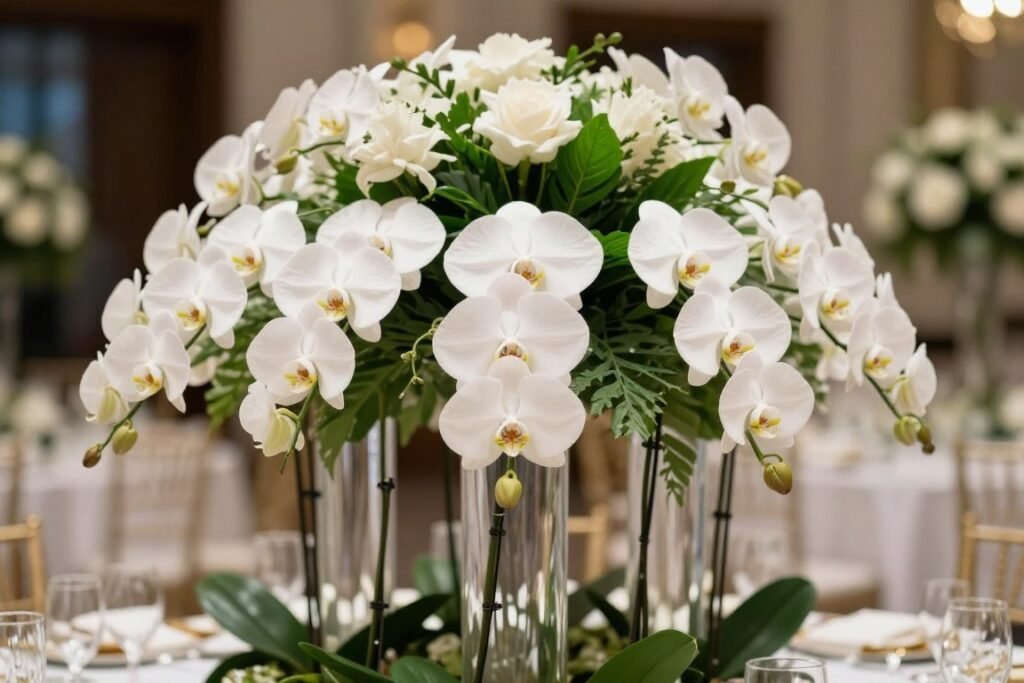 Elegant white orchid wedding centerpiece arrangement Elegant white orchid wedding centerpiece arrangement