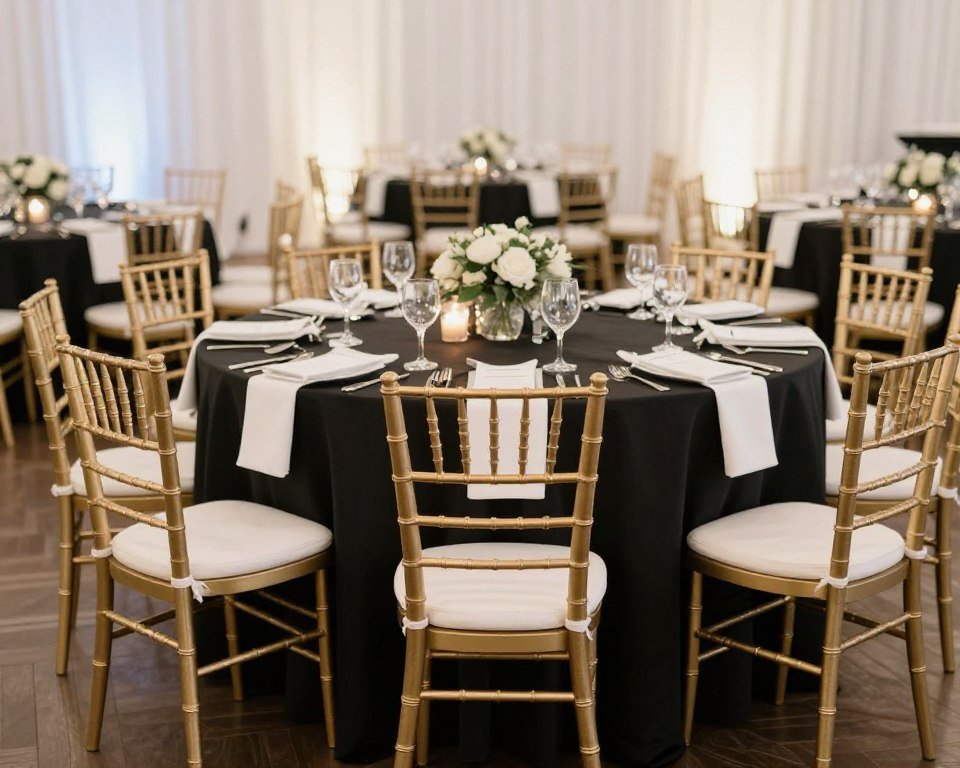 Gold chiavari chairs at elegant black tie wedding reception Gold chiavari chairs at elegant black tie wedding reception