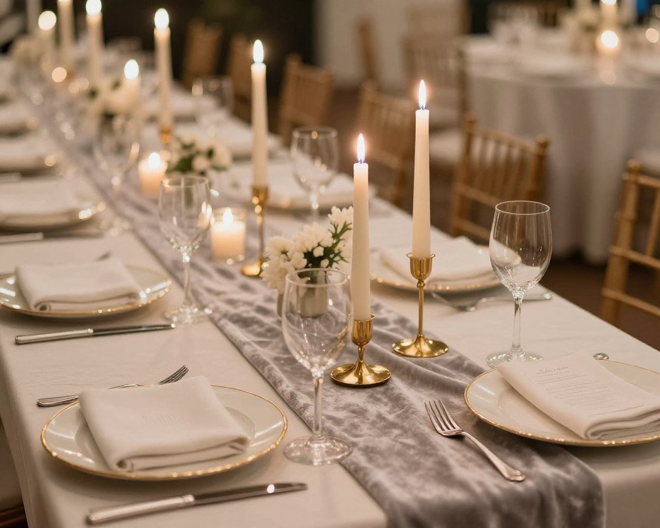 Gray velvet table runner with candlelight Gray velvet table runner with candlelight