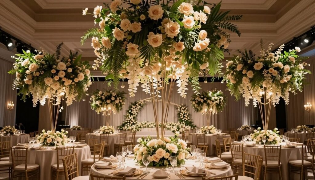 Hanging neutral floral installation above reception tables Hanging neutral floral installation above reception tables