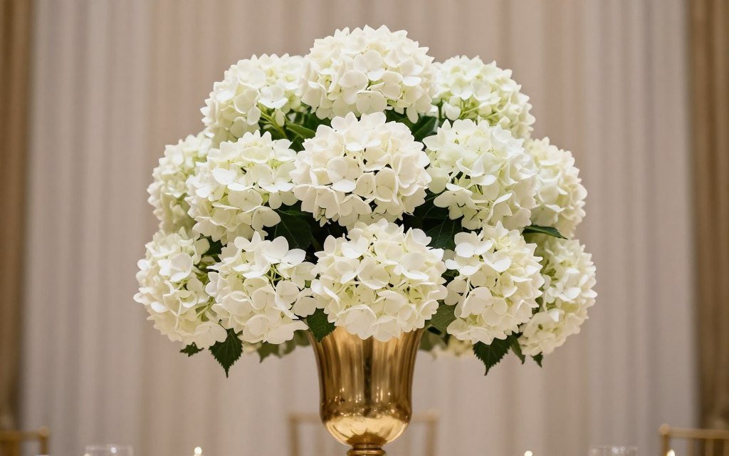 Lush white hydrangea centerpiece arrangement Lush white hydrangea centerpiece arrangement