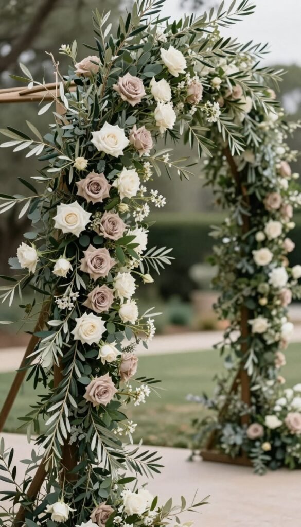 Mediterranean-inspired wedding arch with olive branches for romantic destination ceremonies Mediterranean-inspired wedding arch with olive branches for romantic destination ceremonies