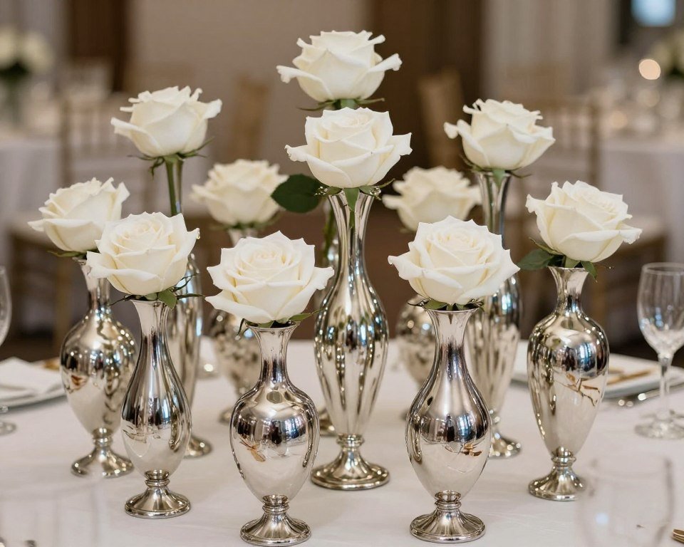 Mercury glass bud vases with single white flowers Mercury glass bud vases with single white flowers