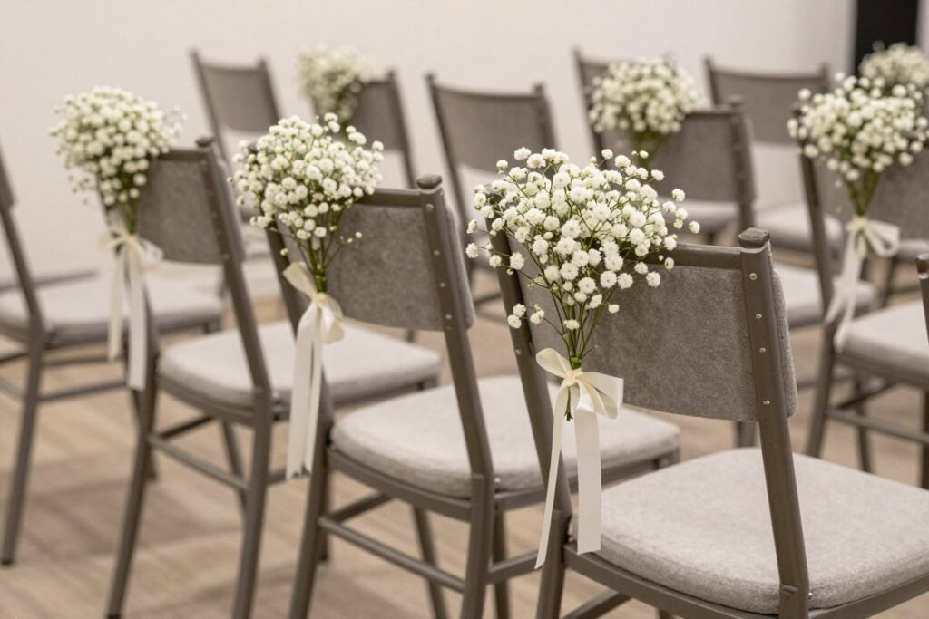 Minimal modern chair décor with small baby's breath clusters Minimal modern chair décor with small baby's breath clusters
