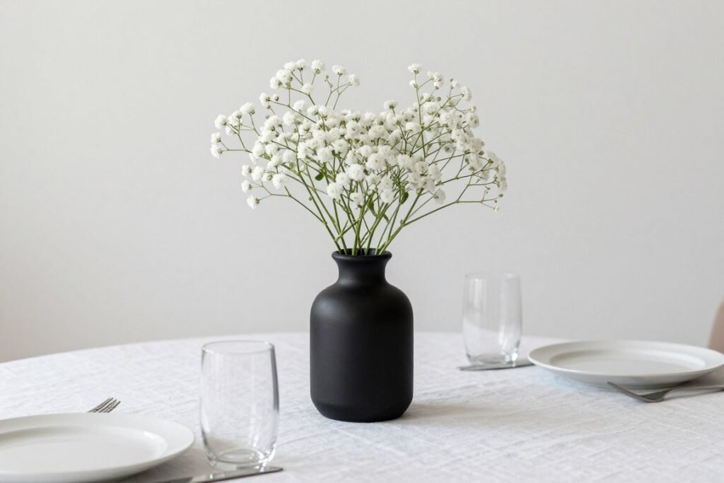 Minimalist baby's breath centerpiece in a sleek black vase Minimalist baby's breath centerpiece in a sleek black vase