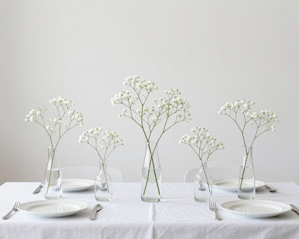 Minimalist baby's breath in clear bud vases of varying heights Minimalist baby's breath in clear bud vases of varying heights