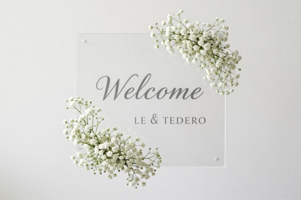 Modern acrylic welcome sign with asymmetrical baby's breath arrangement Modern acrylic welcome sign with asymmetrical baby's breath arrangement