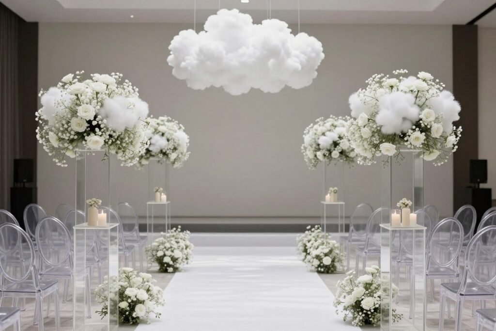 Modern baby's breath aisle markers on clear acrylic stands Modern baby's breath aisle markers on clear acrylic stands