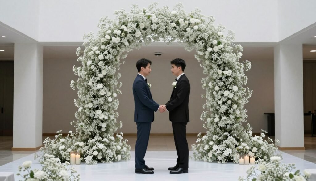 Modern baby's breath ceremony installation with architectural elements Modern baby's breath ceremony installation with architectural elements