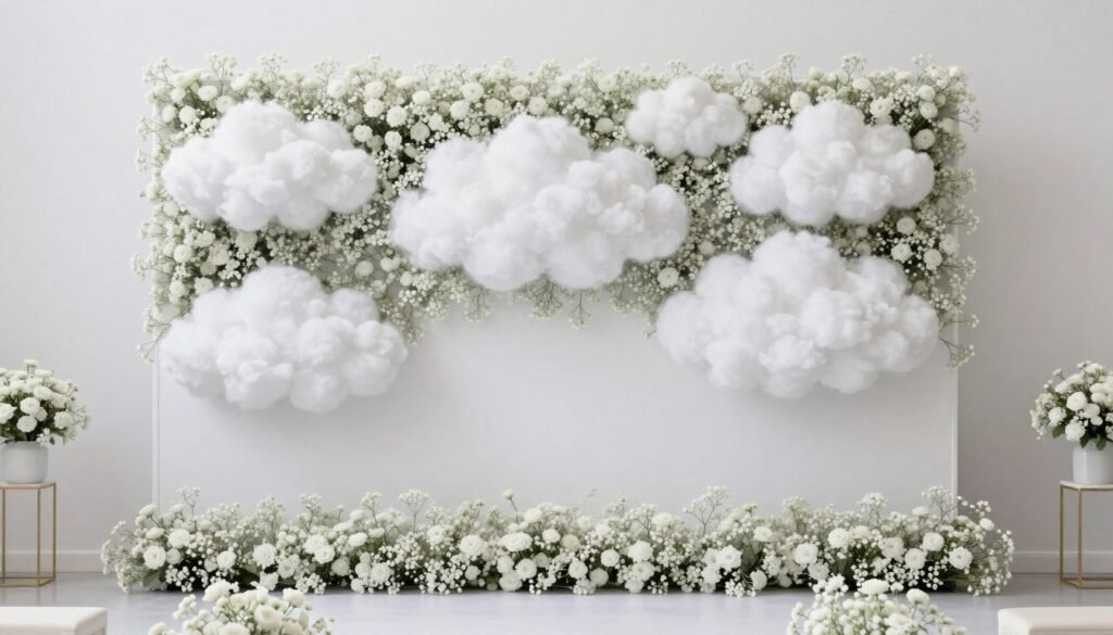 Modern baby's breath cloud wall ceremony backdrop Modern baby's breath cloud wall ceremony backdrop