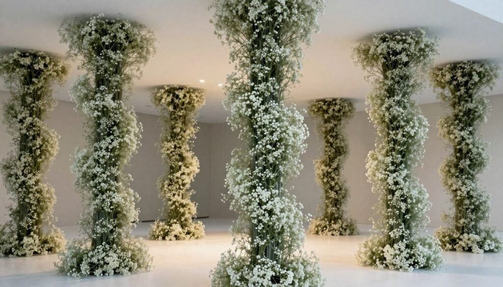 Modern baby's breath wraps on architectural venue columns Modern baby's breath wraps on architectural venue columns
