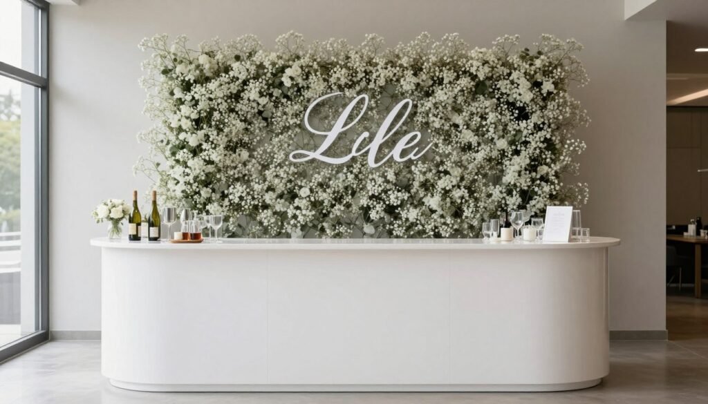 Modern bar backdrop with baby's breath and typography Modern bar backdrop with baby's breath and typography