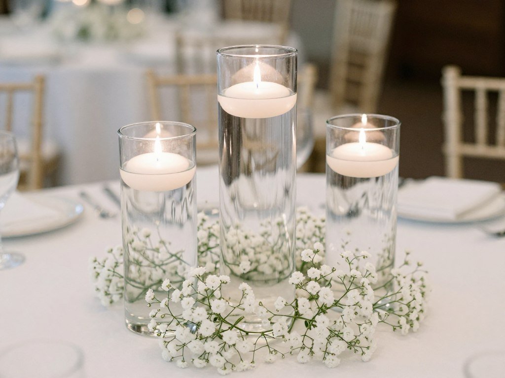 Modern centerpieces with floating candles and baby's breath Modern centerpieces with floating candles and baby's breath