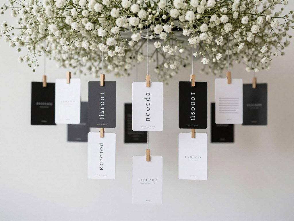 Modern escort card display with suspended baby's breath Modern escort card display with suspended baby's breath