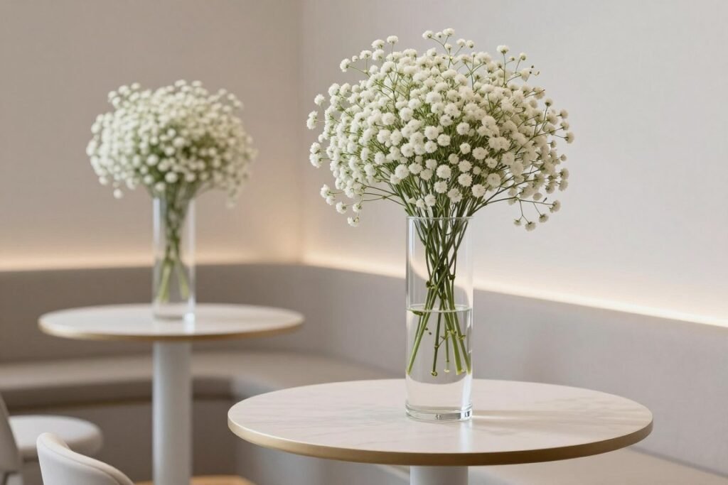 Modern floating baby's breath arrangements for cocktail hour Modern floating baby's breath arrangements for cocktail hour