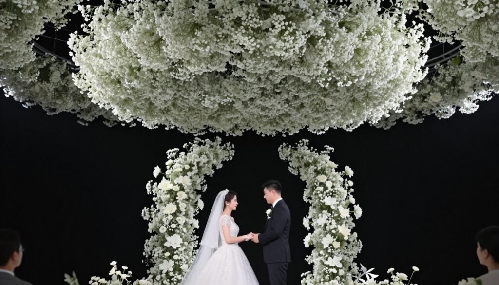 Modern floating baby's breath ceremony backdrop Modern floating baby's breath ceremony backdrop