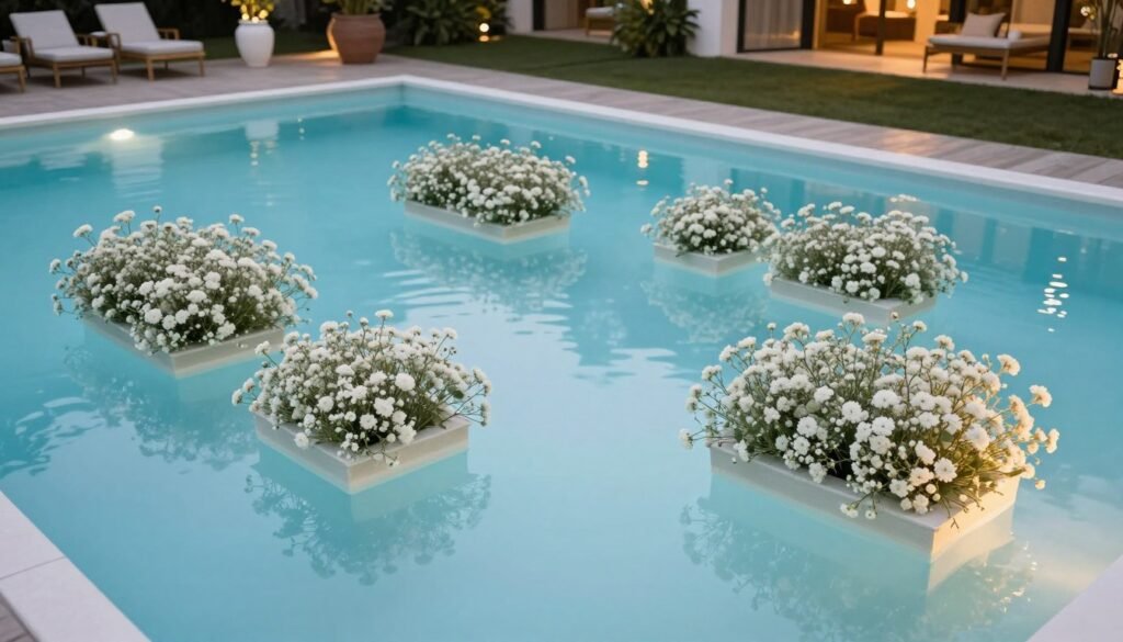 Modern floating baby's breath installations in wedding venue pool Modern floating baby's breath installations in wedding venue pool