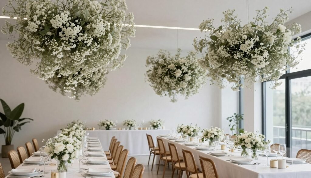 Modern floating canopy of baby's breath over reception tables Modern floating canopy of baby's breath over reception tables
