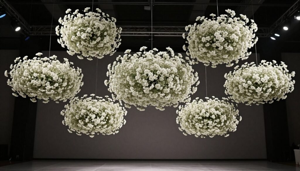Modern hanging baby's breath installation over dance floor Modern hanging baby's breath installation over dance floor