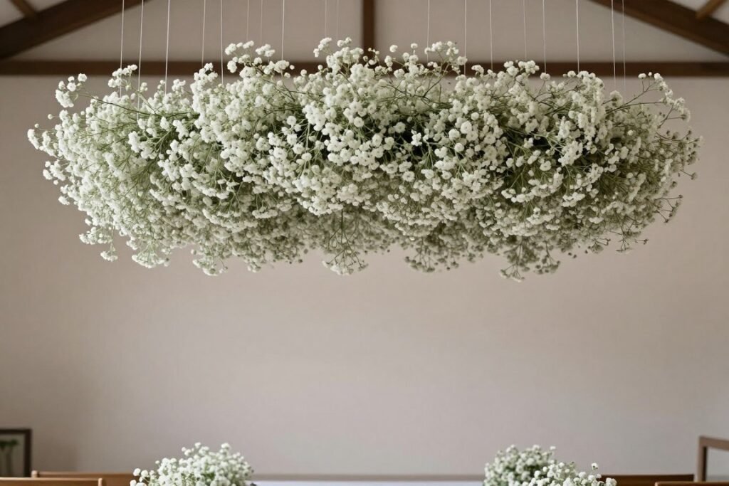 Modern hanging baby's breath installation with clean lines Modern hanging baby's breath installation with clean lines