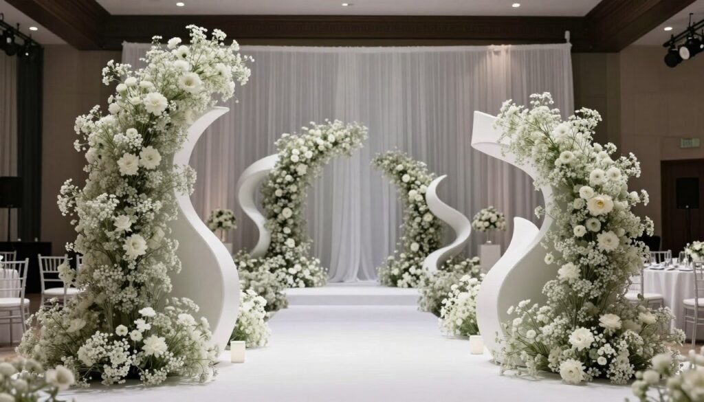 Modern sculptural free-standing baby's breath installations Modern sculptural free-standing baby's breath installations