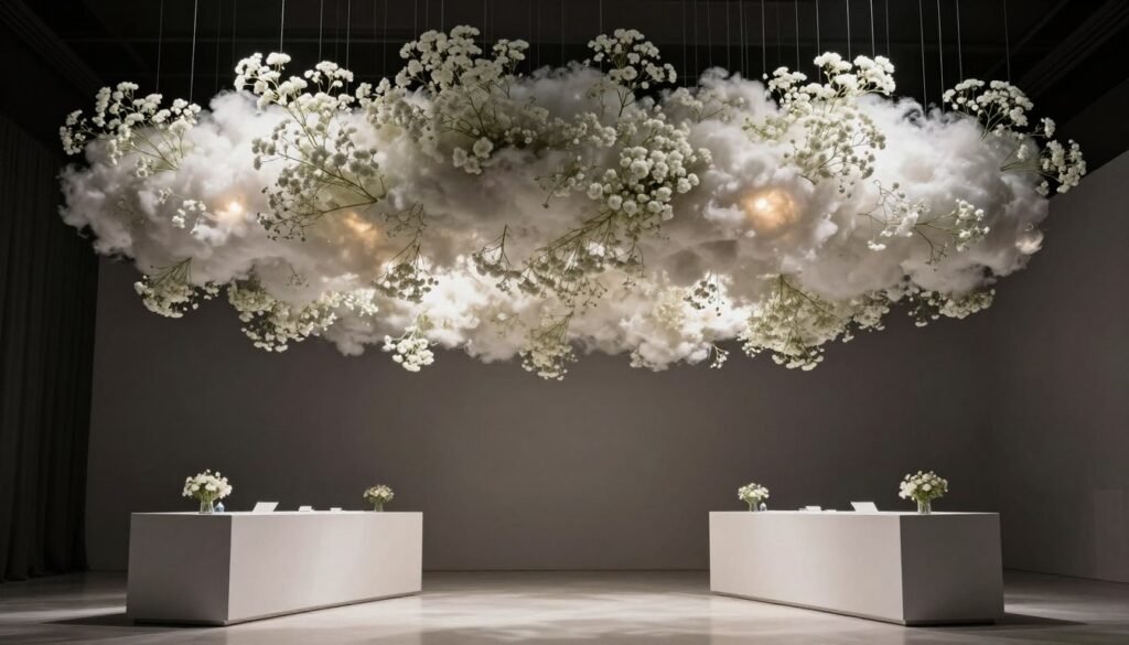 Modern suspended baby's breath ceiling installation over reception tables Modern suspended baby's breath ceiling installation over reception tables