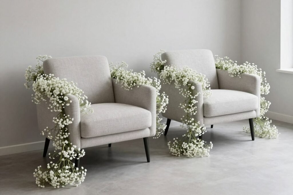 Modern sweetheart chairs with asymmetrical baby's breath décor Modern sweetheart chairs with asymmetrical baby's breath décor