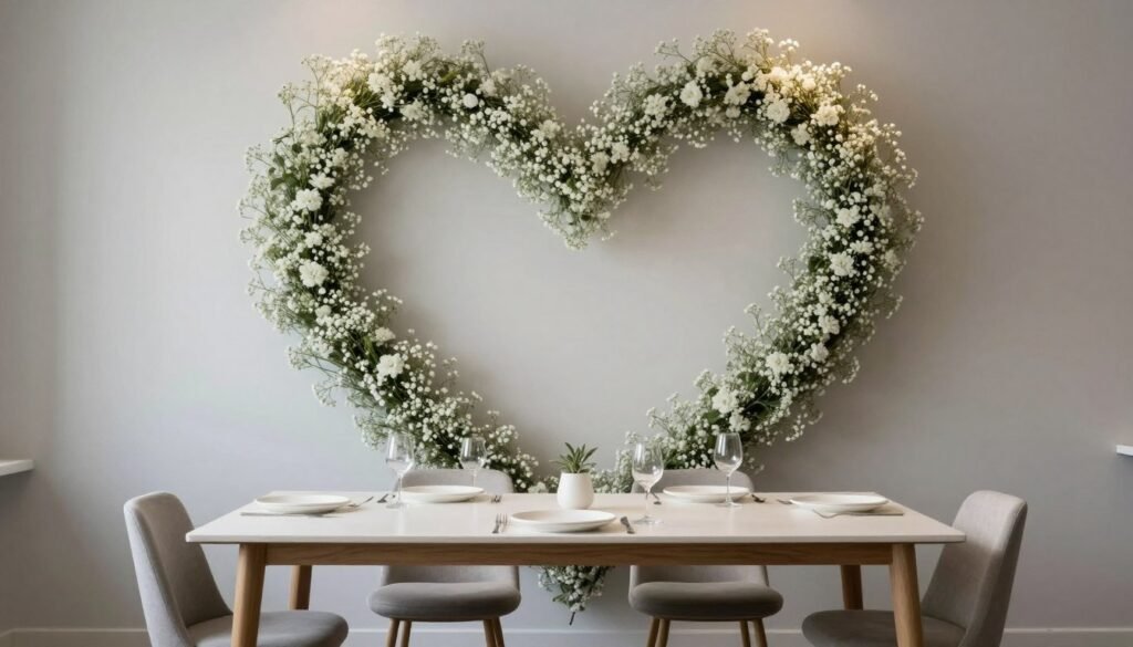 Modern sweetheart table with baby's breath backdrop wall Modern sweetheart table with baby's breath backdrop wall