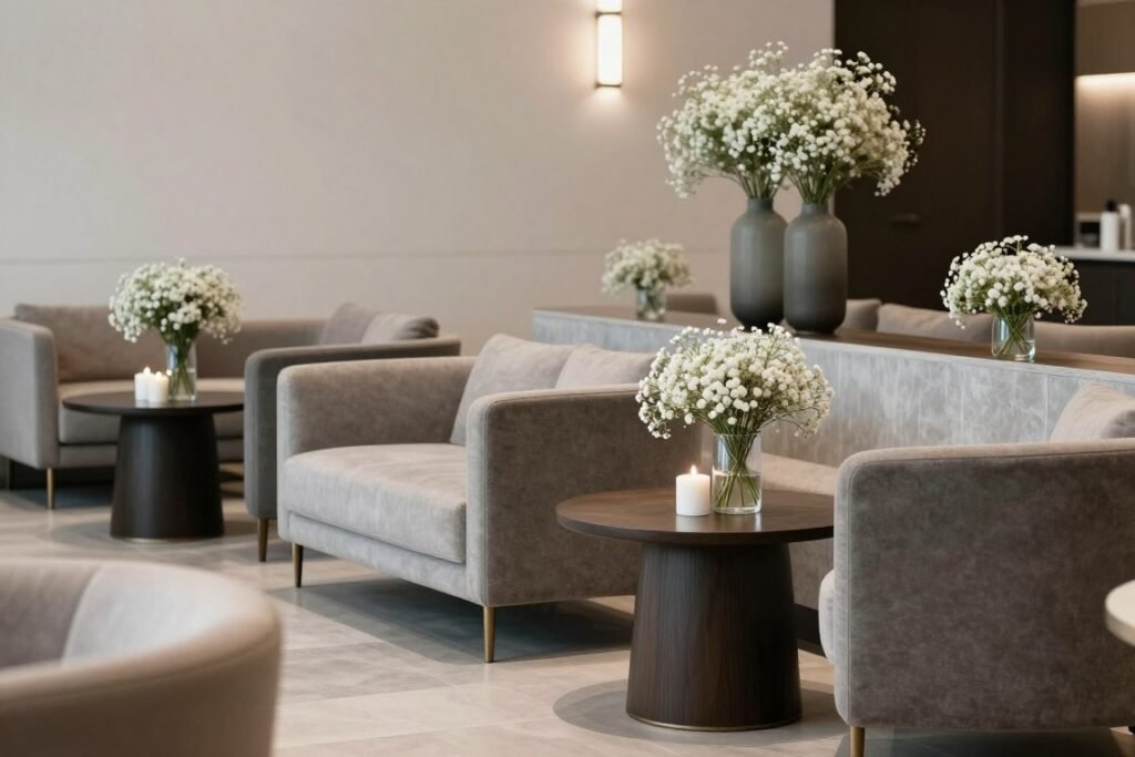 Modern wedding lounge area with baby's breath accent décor Modern wedding lounge area with baby's breath accent décor