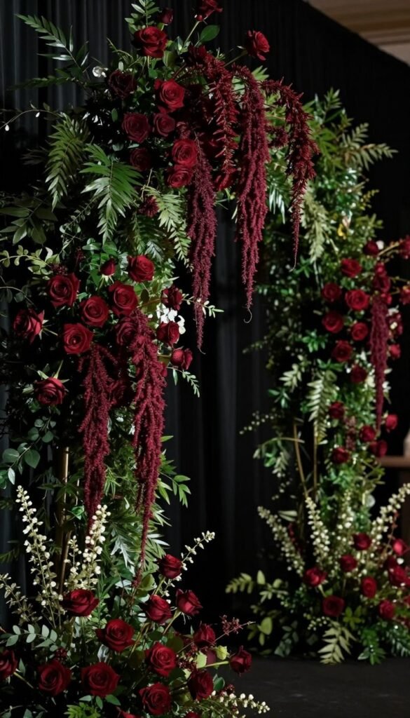 Romantic wedding arch featuring trailing amaranthus and garden roses for luxury ceremonies Romantic wedding arch featuring trailing amaranthus and garden roses for luxury ceremonies