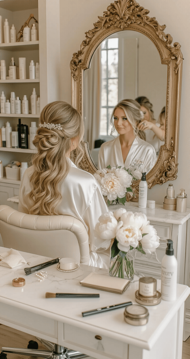Wedding Hair That'll Actually Last All Day (Without Looking Like a Helmet) A bride in a silk ivory robe with lace trim sits in an elegant salon chair, facing an ornate vintage mirror, as a stylist works on her intricate updo. Soft morning light highlights her cascading blonde curls and delicate pearl accessories, with a marble vanity scattered with hair tools. She gently holds a bouquet of white peonies, exuding serenity and anticipation.