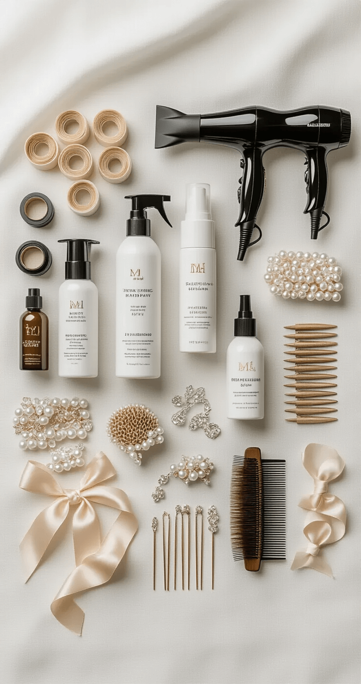 Wedding Hair That'll Actually Last All Day (Without Looking Like a Helmet) Flat lay of wedding day hair products on white linen, featuring hairspray, texturizing spray, anti-frizz serum, dry shampoo, hot rollers, blow dryer, bobby pins, hair accessories, and more, all arranged symmetrically in natural light.